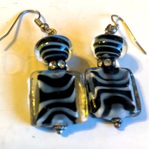 Handmade black and white glass rhinestone earrings